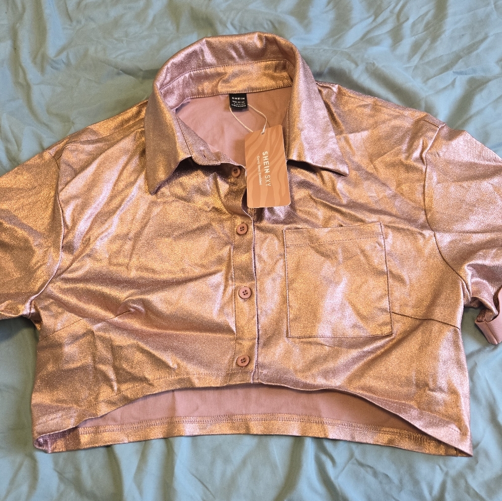 Shein Sexy Button Front Crop Metallic Blouse Color- Pink Size- Large